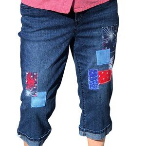 Upcycled Patchwork Jean Capris: Patriotic Theme Cropped Pants 4th of July, 12P